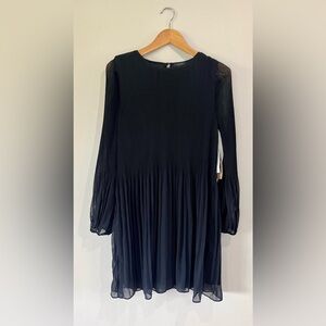Halogen Plisse Long Sleeve Dress Pleated Formal Rich Black Sheer NWT Small